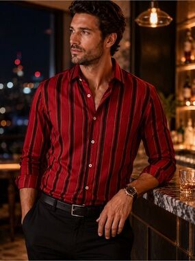 Ted Baker London‎ Red Stripe Cotton Slim Fit Shirt Men Medium Modern Button Down